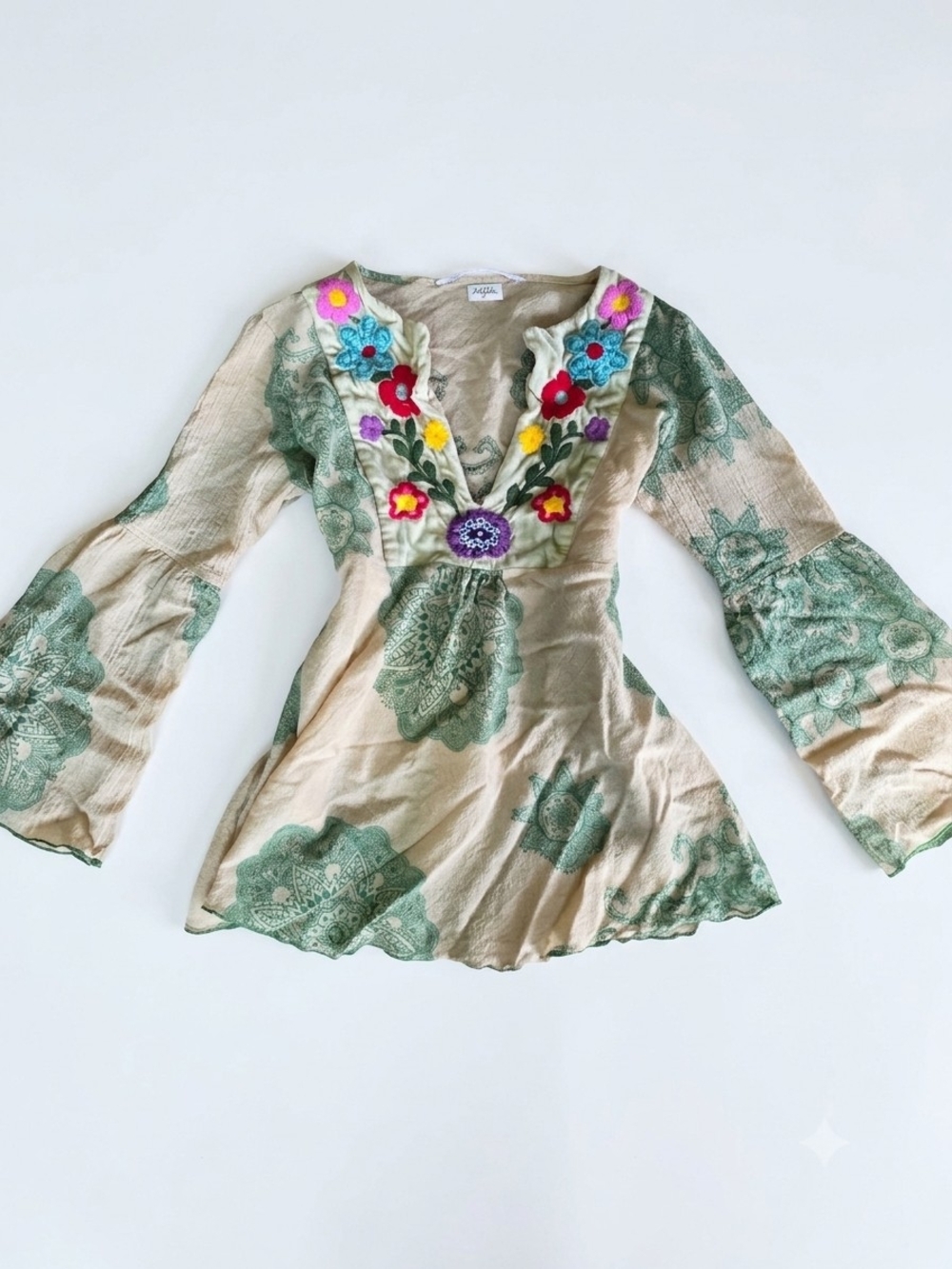 Boho Floral Embroidered Velvet V-Neck Tunic Top W Bell Sleeves
